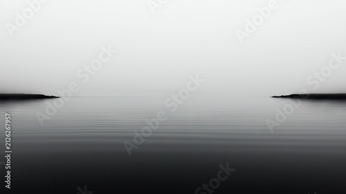 Minimalist landscape captures still water surface beneath an expansive bright horizon