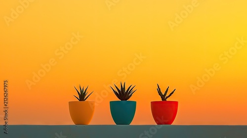 Three small potted succulent plants sit aligned against a vibrant orange and yellow gradient background