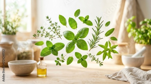 A kitchen scene with fresh herbs and spices, including basil, thyme, and rosemary, 