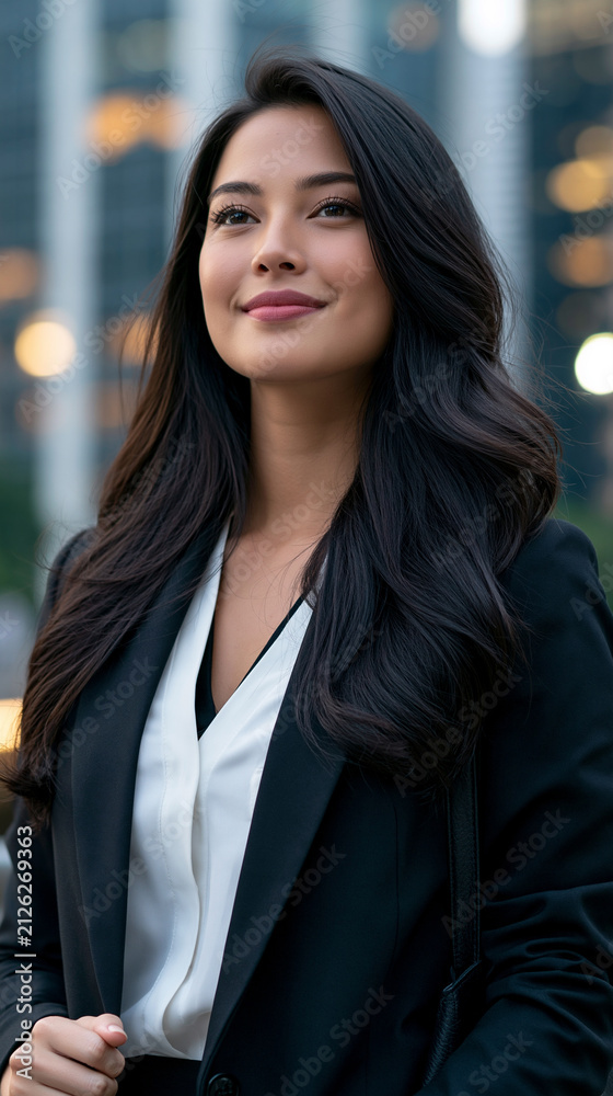 Obraz premium attractive young filipino business student in corporate attire, professional filipino woman portrait with city skyscrapers background, confident asian female student pursuing business career 