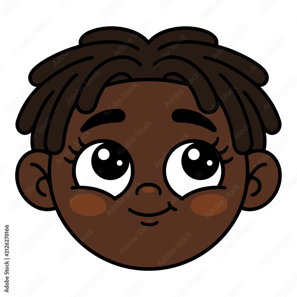 Fototapeta premium Cute Black Boy Face Sticker Vector Illustration with Dreadlocks Hairstyle and Big Happy Eyes