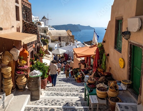 Charming narrow alleyway in Oia village on Santorini island Greece.
