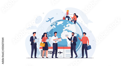 Diverse group of people holding tickets and luggage around a stylized globe, symbolizing global travel and tourism.