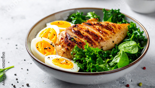 Healthy High Protein Chicken Bowl with Boiled Eggs and Fresh Kale Salad on Light Background
