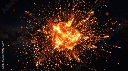 A fiery explosion with sparks and flames in the foreground against a dark background