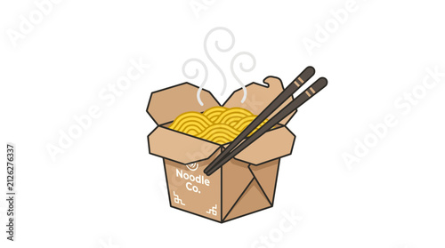 Minimalist vector illustration of a hot noodle box with chopsticks and rising steam