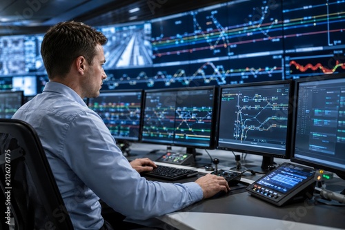 Rail Traffic Controller Monitoring Digital Operations in Modern Control Center