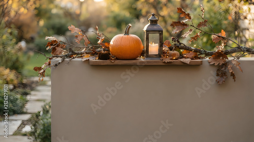 Autumn pumpkin and vintage lantern on garden wall, rustic fall outdoor decoration with dried oak leaves, seasonal harvest still life for thanksgiving Halloween