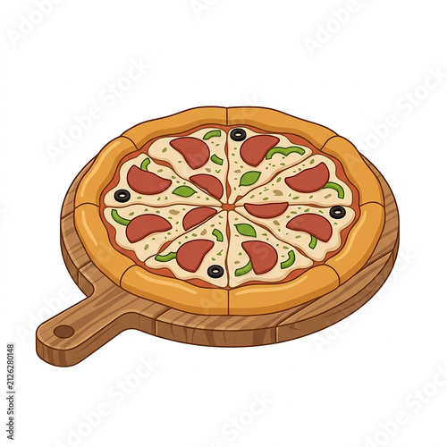 Freshly baked pepperoni pizza on wooden board. 3D isometric Italian flatbread with tomato sauce, cheese, and herbs ready to serve.