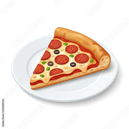 Freshly sliced pepperoni pizza on white plate. 3D isometric cheese and tomato Italian flatbread ready to eat.