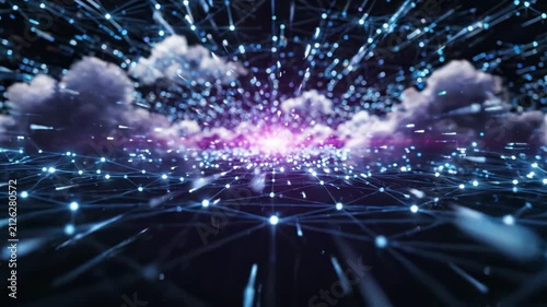 Futuristic Digital Network with Glowing Interconnected Nodes and Clouds in Blue Cyber Space