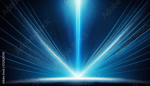 abstract blue light beam shining from the bottom center against a dark background with a grainy texture and dust particles