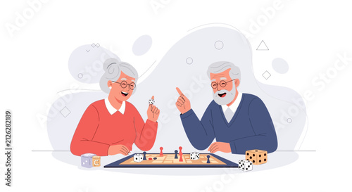 Joyful elderly couple playing board games, enjoying quality time and laughter together, celebrating retirement and active seniors.