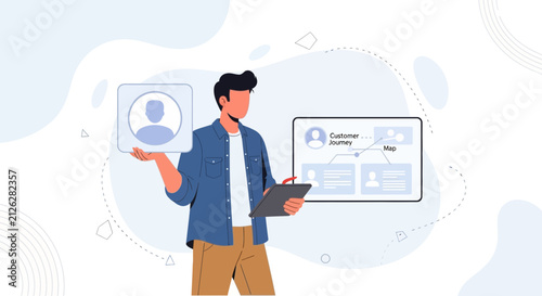 Man analyzing customer journey map on tablet, illustrating user experience and business strategy planning