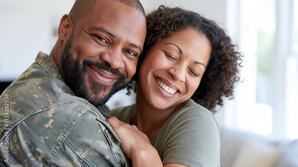 Fototapeta premium A young Asian woman embraces a middle-aged Black soldier at home after deployment, both smiling in bright natural light, military reunion, family support, service member, affection,