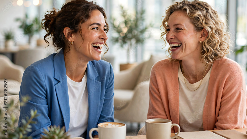 Fototapeta premium Two cheerful women bright casual colleagues chatting and laughing during an informal meeting in a modern open-plan office, radiating enthusiasm, positivity and genuine workplace.