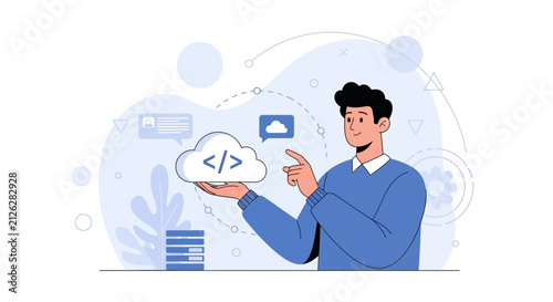 Man Holding Cloud with Code Symbol, Cloud Computing, Programming, Data Storage, and Digital Technology Concept