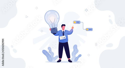 Man Holding Light Bulb, Symbolizing Idea Generation, Innovation, and Business Solutions with Flowchart