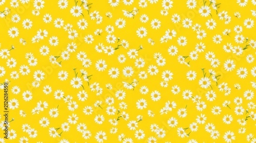 A vibrant yellow background with a scattered pattern of white daisies and green stems, creating a cheerful and lively atmosphere.