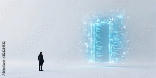 Artificial Intelligence Person Facing Glowing Digital Doorway in White Space