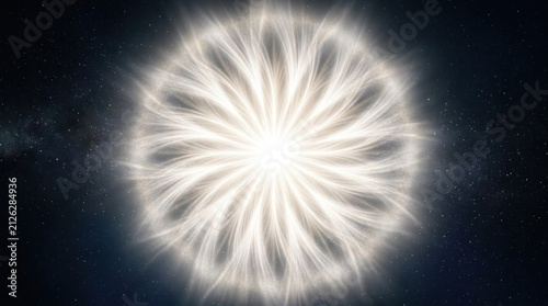A white, glowing, star-like object with intricate, radiating patterns and a bright, central point, set against a dark, starry background with a few scattered stars.