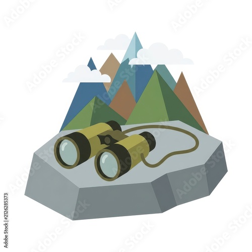 Binoculars on rock with mountain background