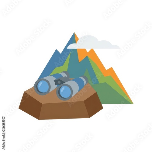 Binoculars on rock with mountain landscape