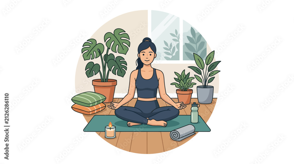 Fototapeta premium Woman meditating in lotus pose on yoga mat surrounded by houseplants.