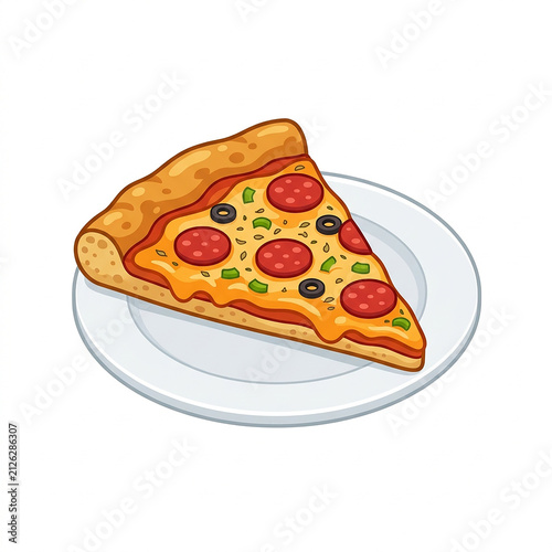 Freshly sliced pepperoni pizza on white plate. Isometric 3D illustration of delicious Italian flatbread with cheese and toppings.