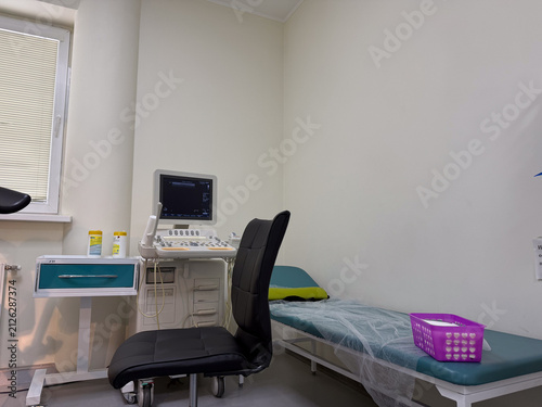 ultrasound room, clinic, significant empty space for text, concept of healthcare