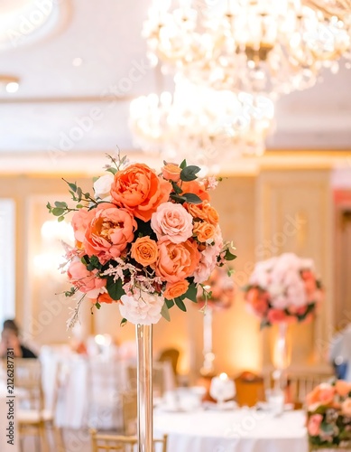 Elegant Coral and Peach Wedding Centerpiece Floral Arrangement.