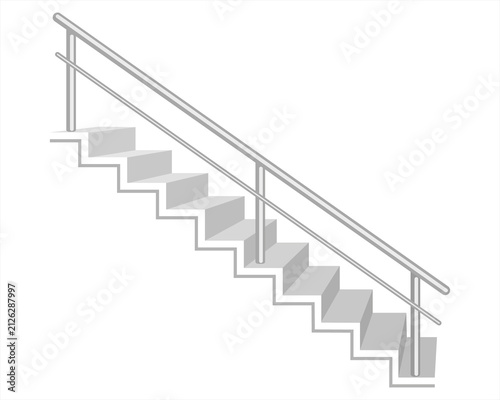 Minimalist illustration of a modern straight staircase with stainless steel handrails and railings, isolated on a white background. Clean architectural and interior design element.