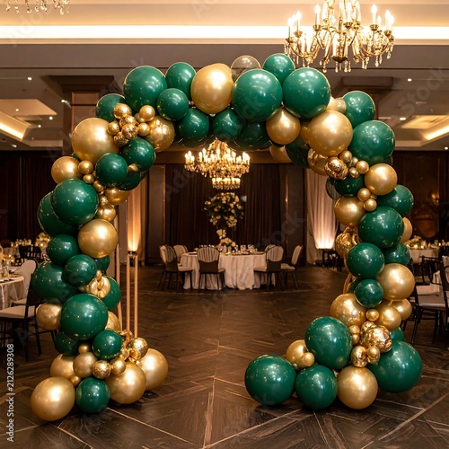 Elegant Balloon Arch Decoration in Emerald Green and Gold for Festive Events.