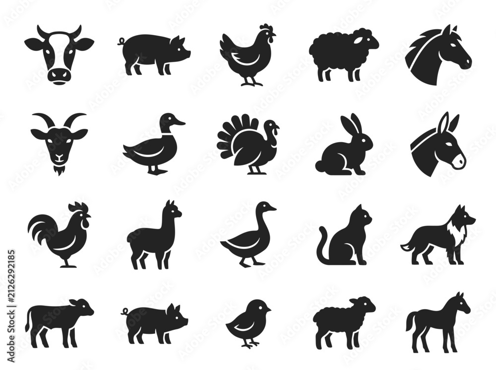 Naklejka premium Farm Animals Vector Icons Set Black Silhouettes