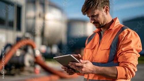 Technician verifying sustainable aviation fuel batch traceability with tablet at airport fuel depot showcasing clean energy logistics