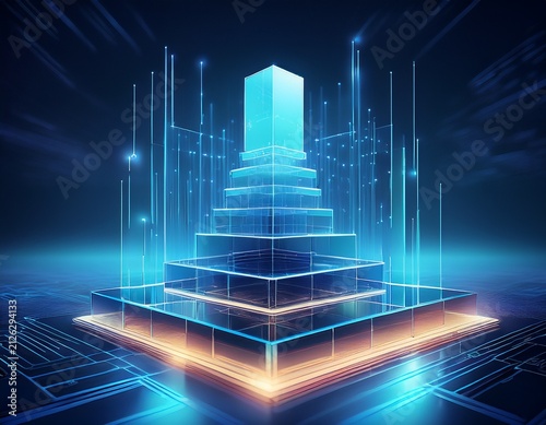 3d modular glass stack rising from a bright digital core