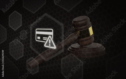 Obraz na płótnie A wooden judge's gavel next to a glowing credit card icon with a warning symbol on a dark digital honeycomb background represents legal issues, financial fraud and cyber crime