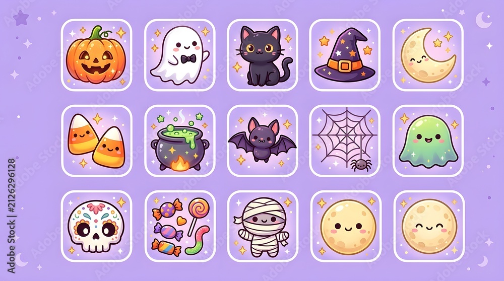 Obraz premium Cute halloween icon set with kawaii characters including pumpkin, ghost, black cat, witch hat, moon, candy corn, cauldron, bat, spider web, skull, sweets, and mummy
