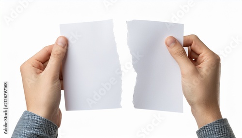 hands tearing blank white paper sheet apart isolated on white background cutout background