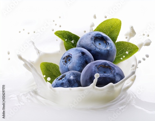 fresh blueberries falling in milk splash isolated on white background perfect for healthy food yogurt smoothie and dairy product design