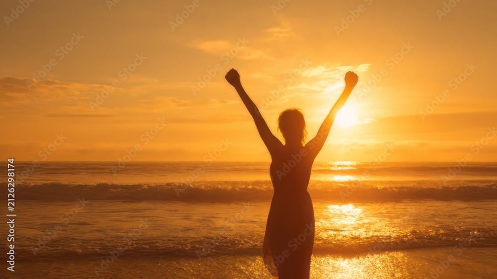 Fototapeta premium Successful woman silhouette at sunset beach, triumphant female figure with raised arms on ocean shore, golden hour freedom and achievement concept