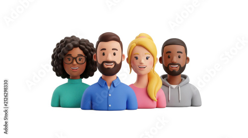 Diverse group of four cartoon people smiling and looking forward, representing teamwork and community PNG Isolated on transparent background