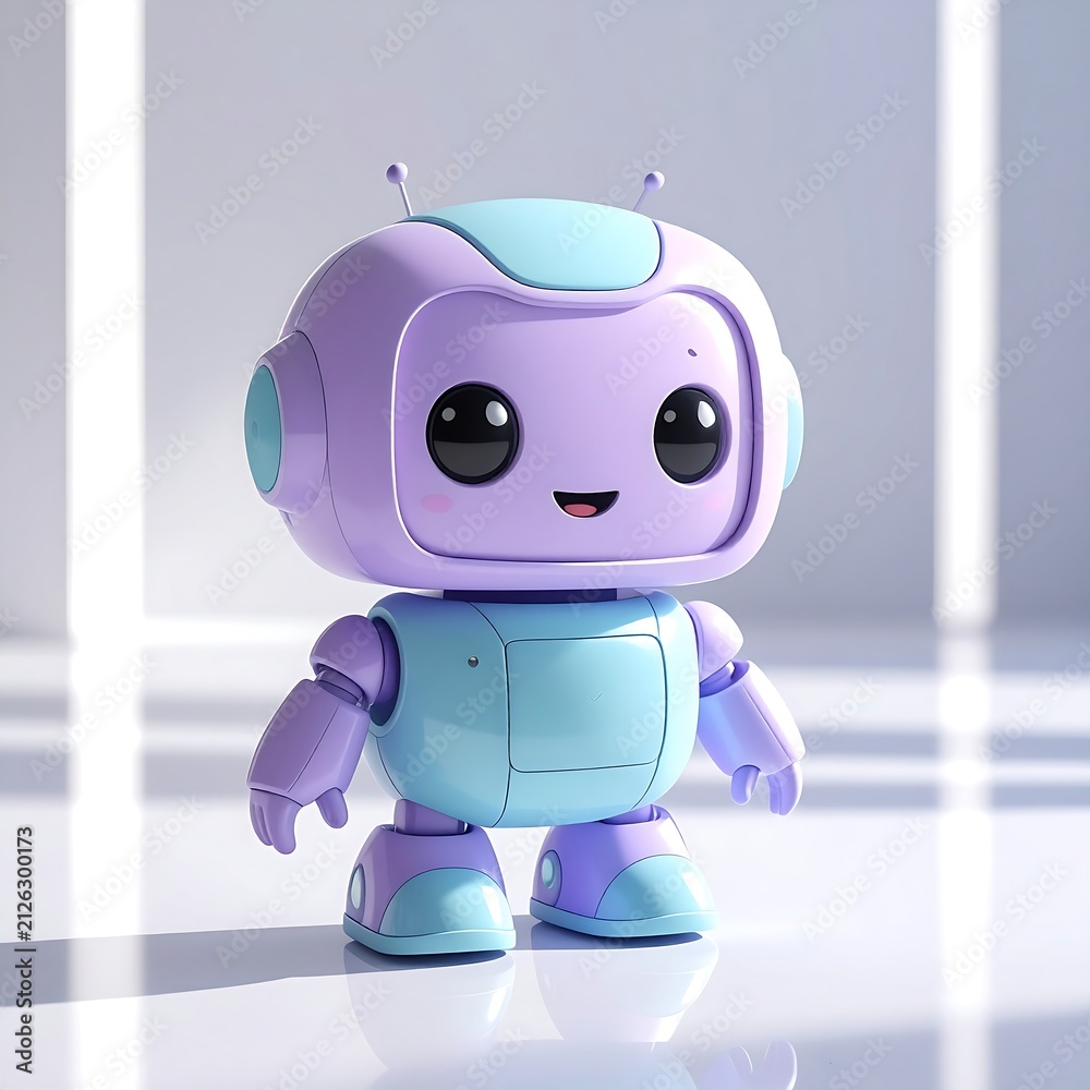 Fototapeta premium Cute pastel robot character standing in studio lighting.
