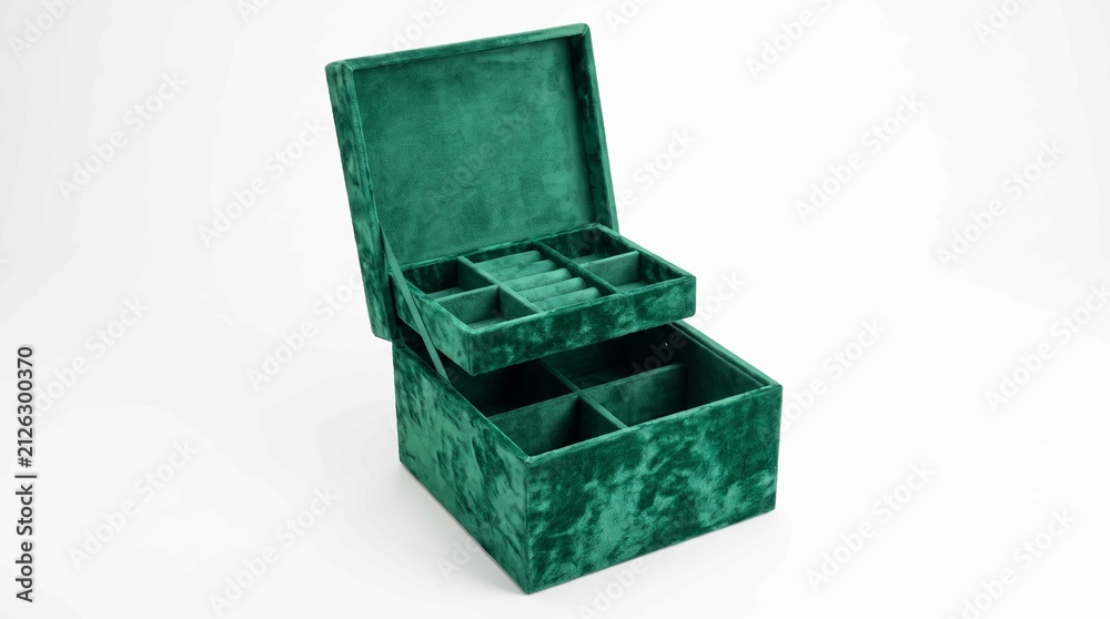 Fototapeta premium Elegant green velvet jewelry box featuring multiple compartments and a lift out tray for organized storage