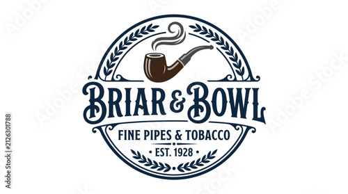 Vintage circular emblem for a tobacco shop featuring a classic briar pipe illustration with smoke and decorative framing elements