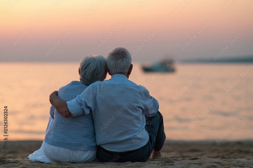 Fototapeta premium Senior couple and elderly pair in love watching a romantic sunset at the sea beach