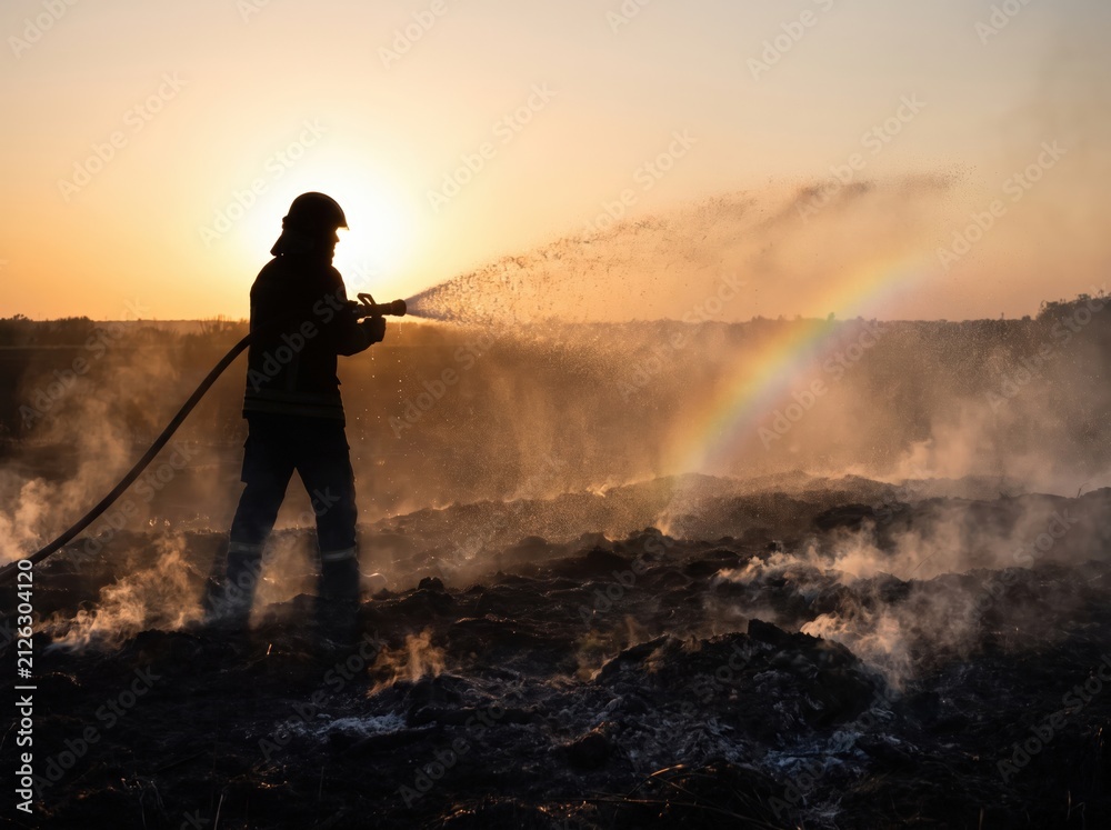 Obraz premium Brave Silhouette Firefighter Spraying Water From Hose Onto Smoking Charred Field