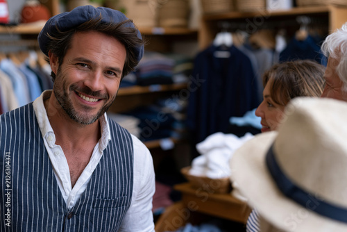 Fashion stylist presenting historically inspired garments to interested customers, organized clothing displays, welcoming boutique environment, captured with exceptional clarity and vibrant colors