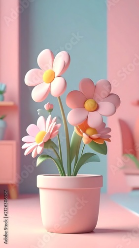Charming Pastel Potted Flowers in Soft Pink Interior Decor.