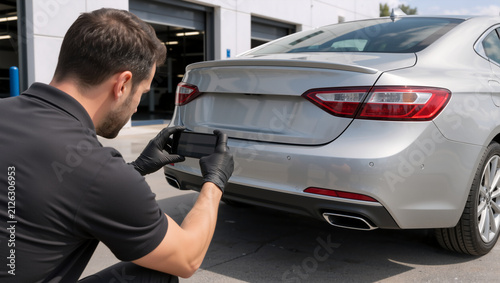 Car inspector taking photo of silver sedan rear bumper with smartphone. Insurance adjuster documenting vehicle damage with mobile phone